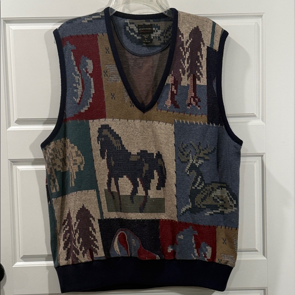 Structure Vintage 90s Flannel Finish Cotton Knit Vest Patchwork Outdoors large
